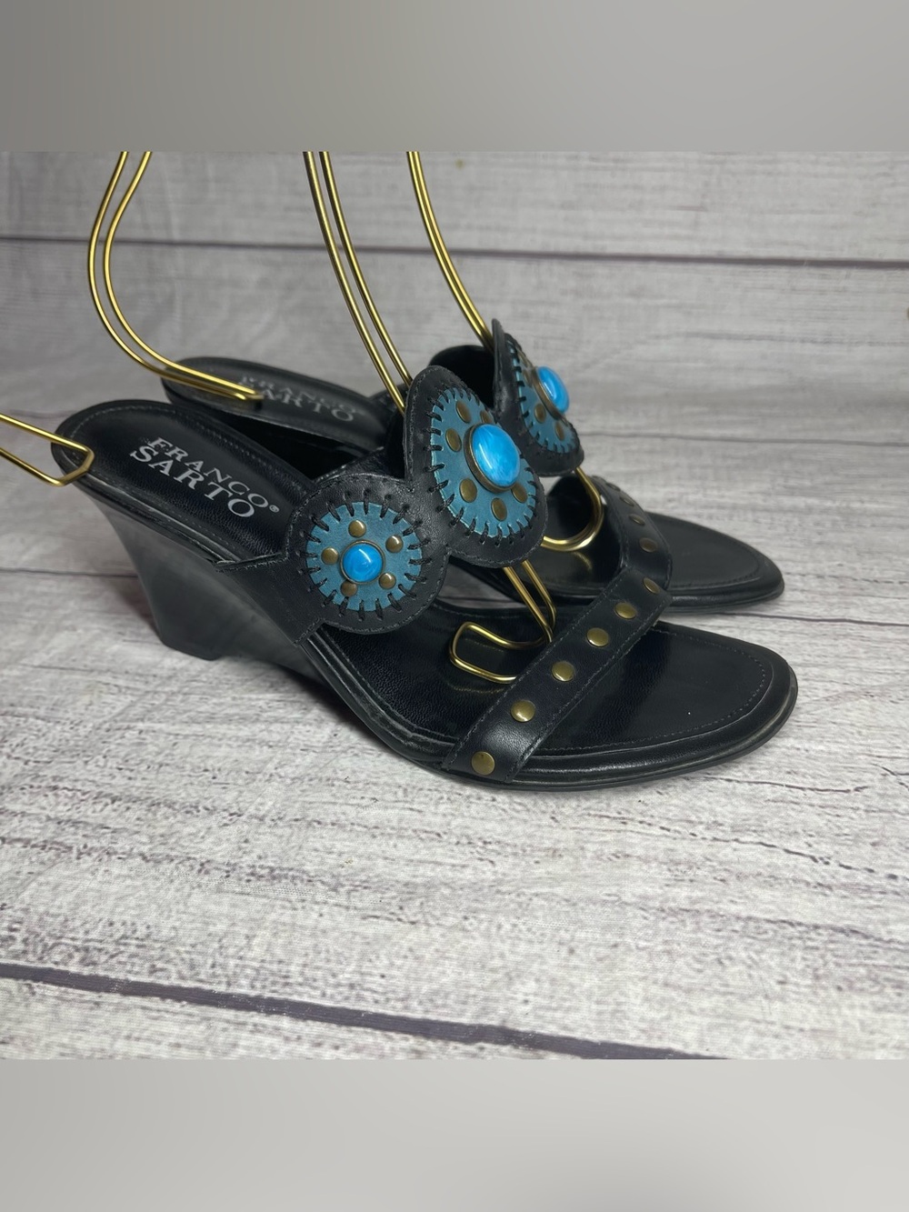 Franco Sarto Women’s 6.5 Black Leather Wedge Sandals